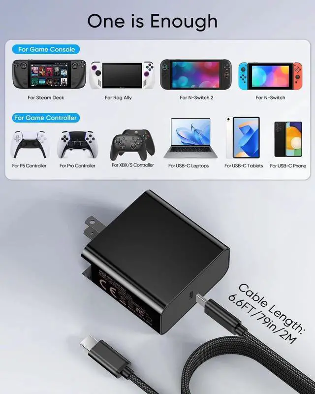 Alt view image 6 of 7 - 65W USB C Fast Charger for Steam Deck and ROG Ally, PD 3.0 Collapsible AC Adapter with 6.6ft USB-C Charging Cable, Steam Deck TV Dock/PS Portal/Nintendo Switch 2 Charger Accessory