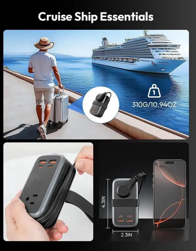 Alt view image 7 of 7 - GAN Ultra 65W USB Fast Charging Station, 7-in-1 Travel Power Pad with 3 Outlets, 4 USB (2 USB C), 4-Foot Extension Cord, Travel Essentials, MacBook, iPhone Compatible Cruise Power Pad