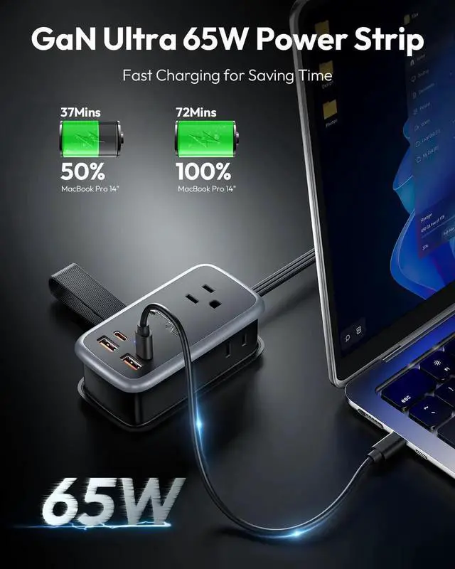 Alt view image 5 of 7 - GAN Ultra 65W USB Fast Charging Station, 7-in-1 Travel Power Pad with 3 Outlets, 4 USB (2 USB C), 4-Foot Extension Cord, Travel Essentials, MacBook, iPhone Compatible Cruise Power Pad