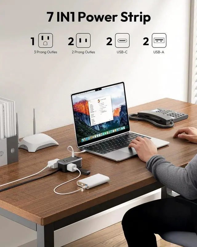 Alt view image 4 of 7 - GAN Ultra 65W USB Fast Charging Station, 7-in-1 Travel Power Pad with 3 Outlets, 4 USB (2 USB C), 4-Foot Extension Cord, Travel Essentials, MacBook, iPhone Compatible Cruise Power Pad