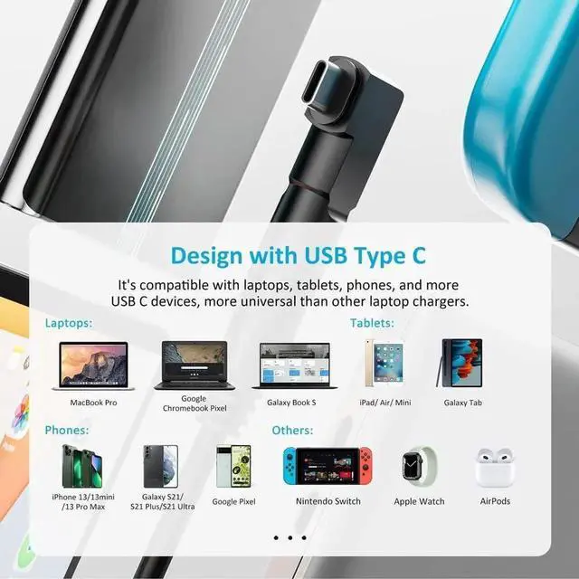 Alt view image 7 of 7 - 90W Universal Laptop Charger AC Adapter Power Cord with USB C Replacement for Dell, HP, Acer, Asus, Lenovo, IBM Toshiba, Samsung, Google, MacBook Pro, Fujitsu Laptops, Ultrabooks, Chromebooks