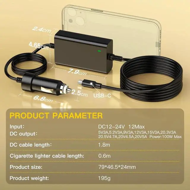 Alt view image 3 of 7 - 100W USB-C Laptop Car Charger for Dell Latitude/XPS/Precision, MacBook Pro/Air, HP Spectre/Elitebook, for Lenovo ThinkPad/Yoga/IdeaPad, Acer Chromebook/Swift, Google, Samsung, Zenbook, Car Laptop Char