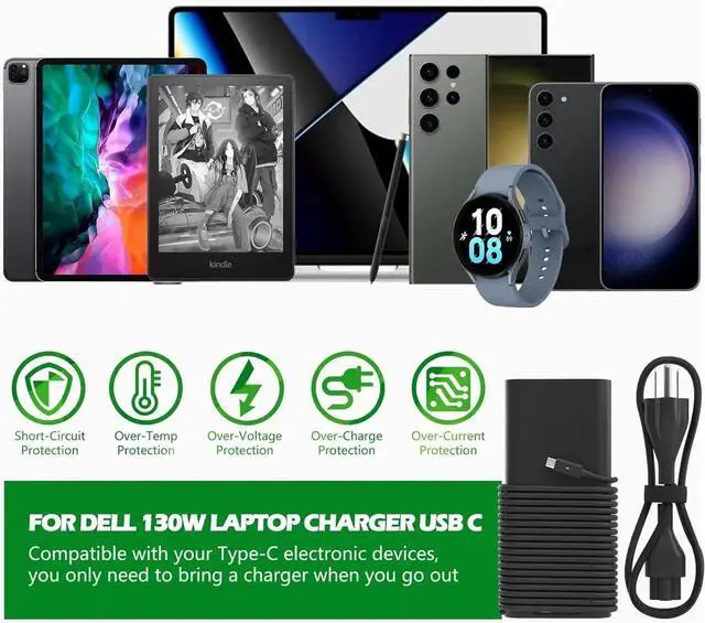 Alt view image 2 of 7 - 130W USB C Laptop Charger Compatible with Dell PC XPS 15 17 9575 9500 9510 9520 9530 9700 9710 9720 9730, Precision 5470 5480 5550 5560 5530 5570 5750 5760 5770 3550 3560 3570 3571 2 in 1, Latitude