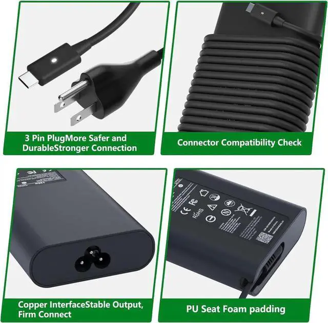Alt view image 7 of 7 - 130W USB C Laptop Charger Compatible with Dell PC XPS 15 17 9575 9500 9510 9520 9530 9700 9710 9720 9730, Precision 5470 5480 5550 5560 5530 5570 5750 5760 5770 3550 3560 3570 3571 2 in 1, Latitude