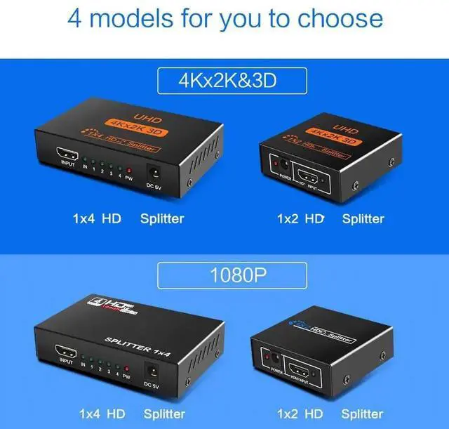 Alt view image 2 of 6 - HDMI-compatible Splitter Amplifier 1080P 4K Dual Display Converter with Power for HDTV DVD PS3 Xbox HD Switch SwitcherLength: 2m (usb power)
Color: Red (1 in 4 out 1080P)