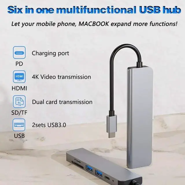 Alt view image 4 of 6 - USB C HUB Type C to Multi USB 3.0 HDMI-compatible Adapter Dock for MacBook Pro Huawei Mate 30 USB-C 3.2 Splitter Port Type C HUBColor: White (6 in 1 mode C)
