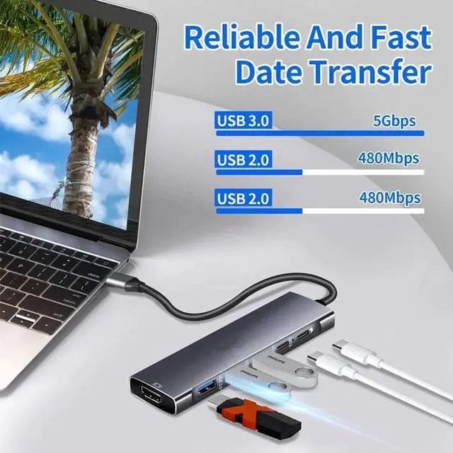 Alt view image 6 of 6 - USB C Hub To HDMI-compatible Adapter OTG Thunderbolt 3 To Usb3.0 3.5mm Dock with PD TF SD for Macbook Pro/Air M1 Galaxy S21 S23Color: Red (7 in 1 mode E)