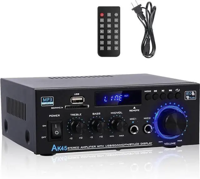 Main image of Stereo Home Audio Amplifier Receiver AK45,400W Bluetooth 5.0 HiFi Stereo Power Amplifier 2.0 Channel RMS 40W x 2 Home Audio System with Remote Amplifier W/MIC, USB, RCA, FM Radio