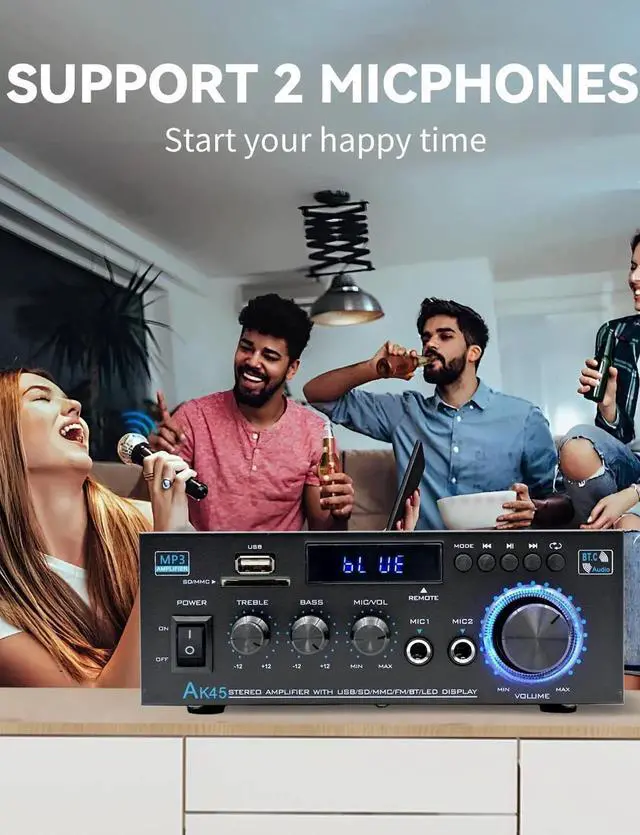Alt view image 5 of 6 - Stereo Home Audio Amplifier Receiver AK45,400W Bluetooth 5.0 HiFi Stereo Power Amplifier 2.0 Channel RMS 40W x 2 Home Audio System with Remote Amplifier W/MIC, USB, RCA, FM Radio