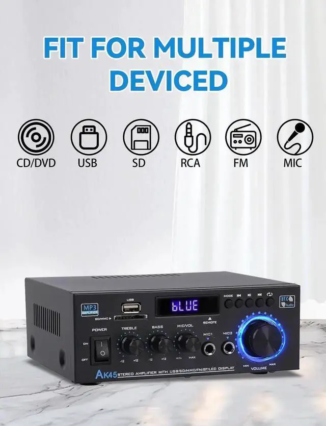 Alt view image 6 of 6 - Stereo Home Audio Amplifier Receiver AK45,400W Bluetooth 5.0 HiFi Stereo Power Amplifier 2.0 Channel RMS 40W x 2 Home Audio System with Remote Amplifier W/MIC, USB, RCA, FM Radio