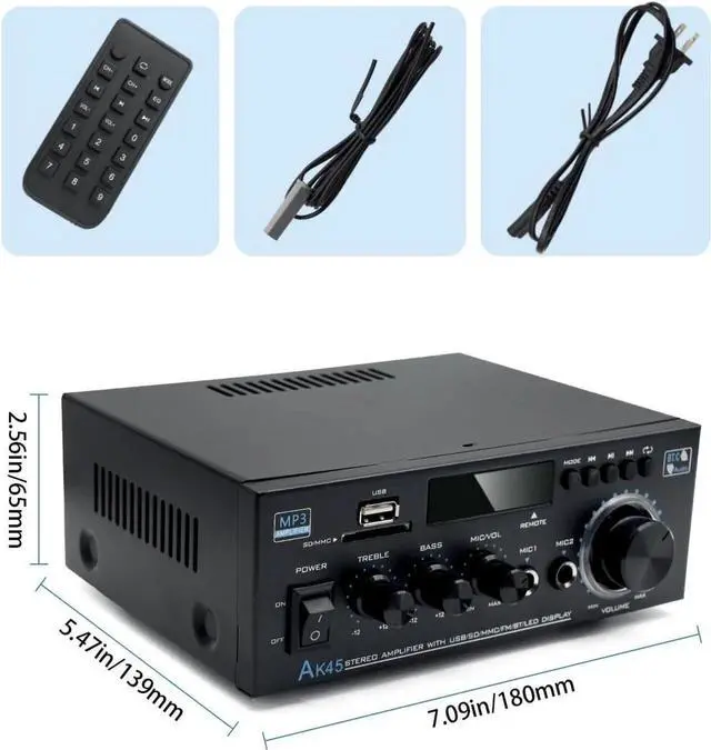 Alt view image 3 of 6 - Stereo Home Audio Amplifier Receiver AK45,400W Bluetooth 5.0 HiFi Stereo Power Amplifier 2.0 Channel RMS 40W x 2 Home Audio System with Remote Amplifier W/MIC, USB, RCA, FM Radio