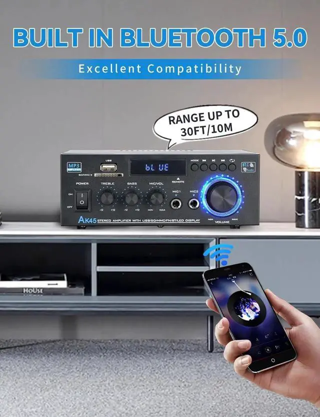 Alt view image 4 of 6 - Stereo Home Audio Amplifier Receiver AK45,400W Bluetooth 5.0 HiFi Stereo Power Amplifier 2.0 Channel RMS 40W x 2 Home Audio System with Remote Amplifier W/MIC, USB, RCA, FM Radio