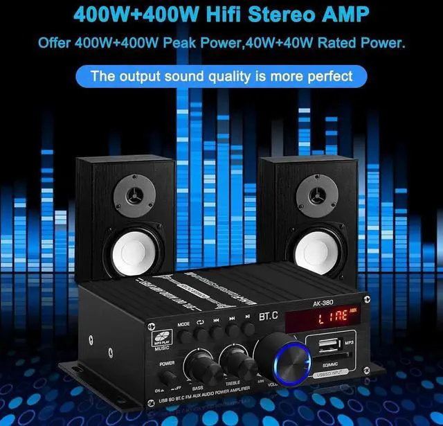 Alt view image 4 of 6 - AK-380 USB SD BT.C FM AUX Audio Power Amplifier 400W + 400W 2.0 CH HiFi Stereo AMP Speakers Bluetooth 5.0 Amp Receiver with 12V 5A Power Supply, FM Antenna for Car Home Bar Party