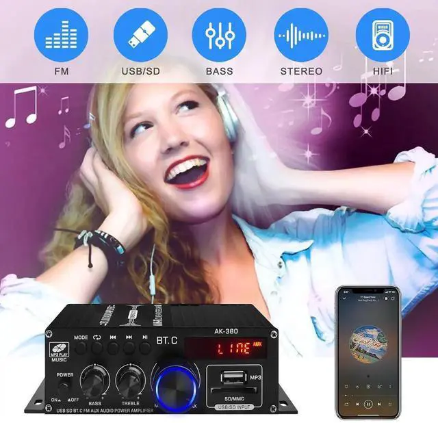 Alt view image 2 of 6 - AK-380 USB SD BT.C FM AUX Audio Power Amplifier 400W + 400W 2.0 CH HiFi Stereo AMP Speakers Bluetooth 5.0 Amp Receiver with 12V 5A Power Supply, FM Antenna for Car Home Bar Party