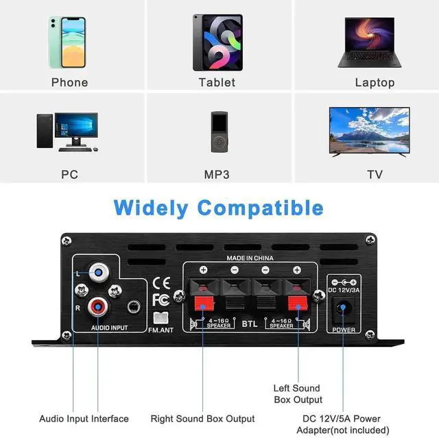 Alt view image 6 of 6 - AK-380 USB SD BT.C FM AUX Audio Power Amplifier 400W + 400W 2.0 CH HiFi Stereo AMP Speakers Bluetooth 5.0 Amp Receiver with 12V 5A Power Supply, FM Antenna for Car Home Bar Party
