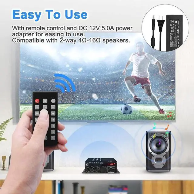 Alt view image 5 of 6 - AK-380 USB SD BT.C FM AUX Audio Power Amplifier 400W + 400W 2.0 CH HiFi Stereo AMP Speakers Bluetooth 5.0 Amp Receiver with 12V 5A Power Supply, FM Antenna for Car Home Bar Party