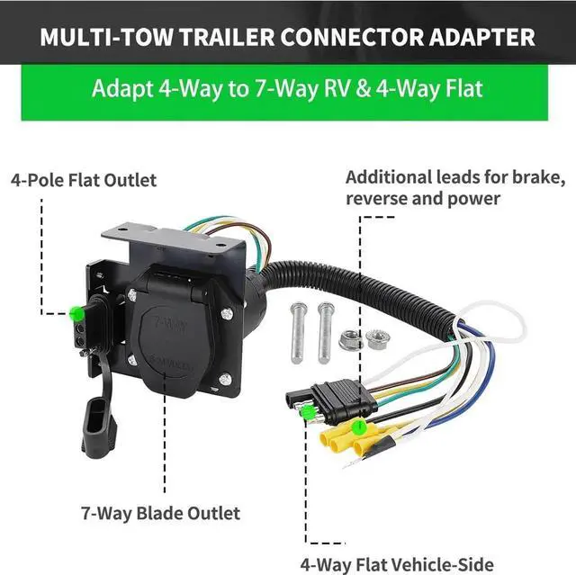 Alt view image 4 of 6 - Multi-Traction 4-Way Flat to 7-Way RV Blade and 4-Way Flat Female Trailer Wiring Adapter Connector Kit, 4-Pin Vehicle Side Trailer Light Plug to Dual Output 7-Blade and 4-Flat with Mounting Bracket