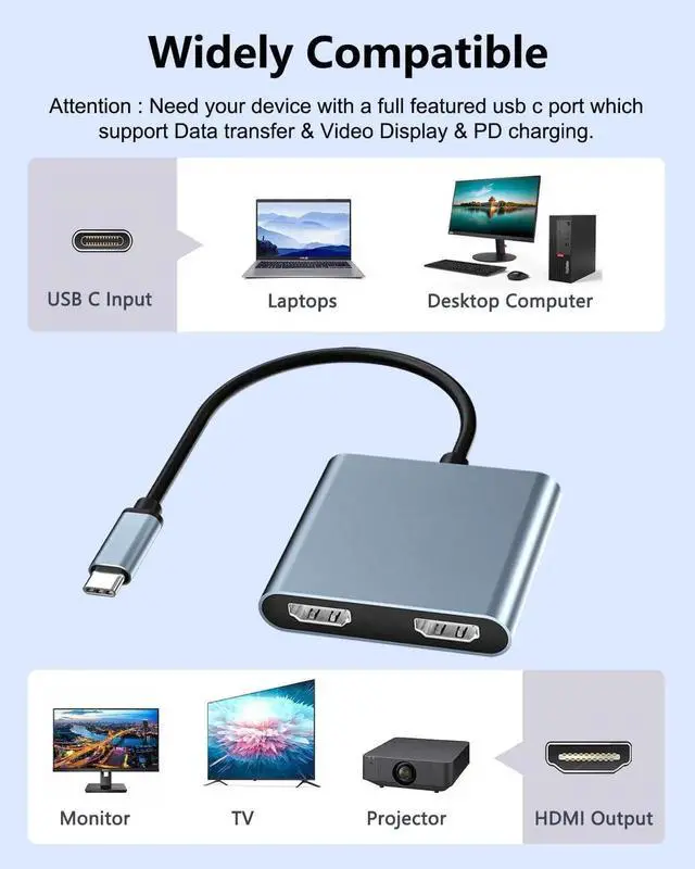Alt view image 3 of 6 - USB C to Dual HDMI Adapter, USB C Splitter 2 Monitor Display, Dual Monitor HDMI Adapter, Type C HDMI Hub Laptop/Monitor Multi-Monitor Docking Station, Thunderbolt Compatible