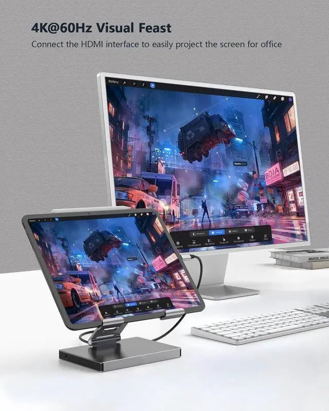 Alt view image 2 of 6 - iPad Pro USB C Hub Cradle for iPad Pro M4 M2 M1 13 12.9 11-inch iPad Air Docking Station Foldable 4K 60Hz HDMI, PD Charging, SD/TF Card Reader, 3 USB 3.0, 3.5mm Audio, iPad Docking Station Accessories