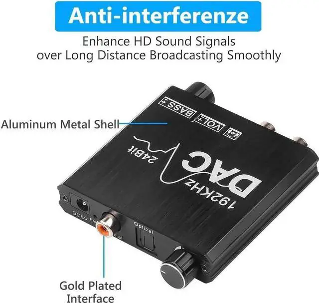 Alt view image 3 of 5 - 192KHz Digital to Analog Audio Converter with Bass and Volume Adjustment, Digital SPDIF/Optical/Toslink/Coaxial to Analog Stereo L/R RCA and 3.5mm Jack Converter for PS3 PS4 DVD, AppleTV Home Theater