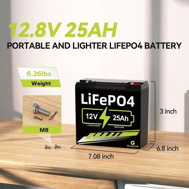 Alt view image 2 of 7 - GreenOE 12V 25Ah LiFePO4 Battery with Built-in 20A BMS for Solar System Camping