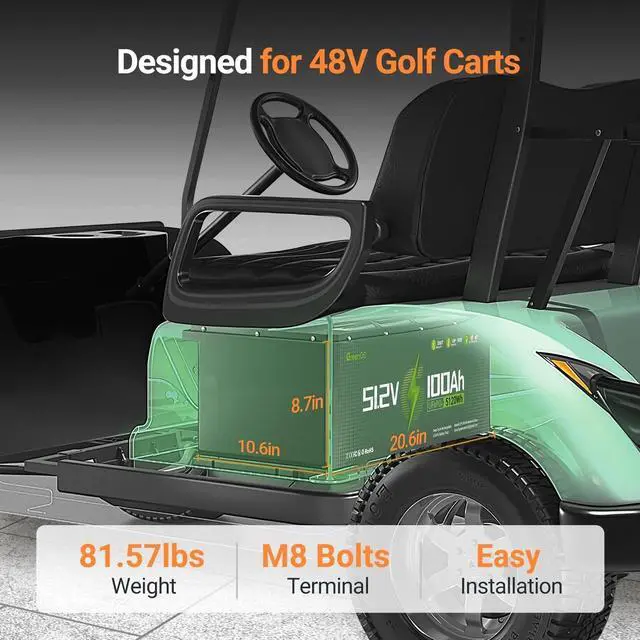 Alt view image 6 of 7 - GreenOE 48V 100Ah LiFePO4 Lithium Golf Cart Battery with Built in 200A BMS