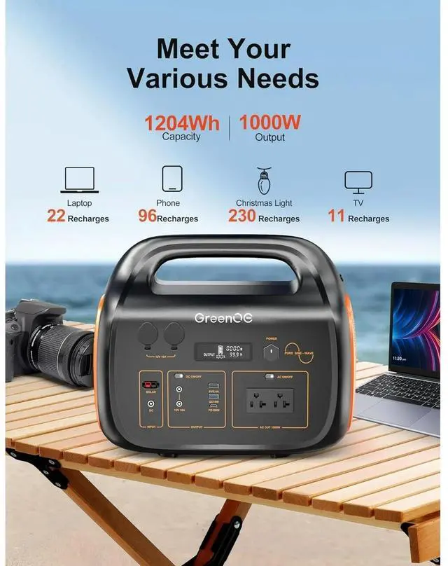 Alt view image 3 of 6 - GreenOE 1000W Generator 1024Wh Portable Power Station with 2x100W Solar panel