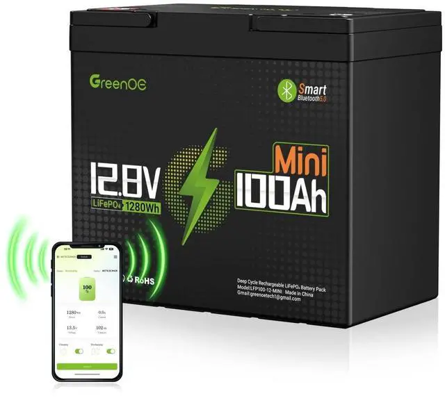Main image of GreenOE 12V 100Ah Bluetooth Mini LiFePO4 Battery 15000 Deep Cycles For Solar Rv
