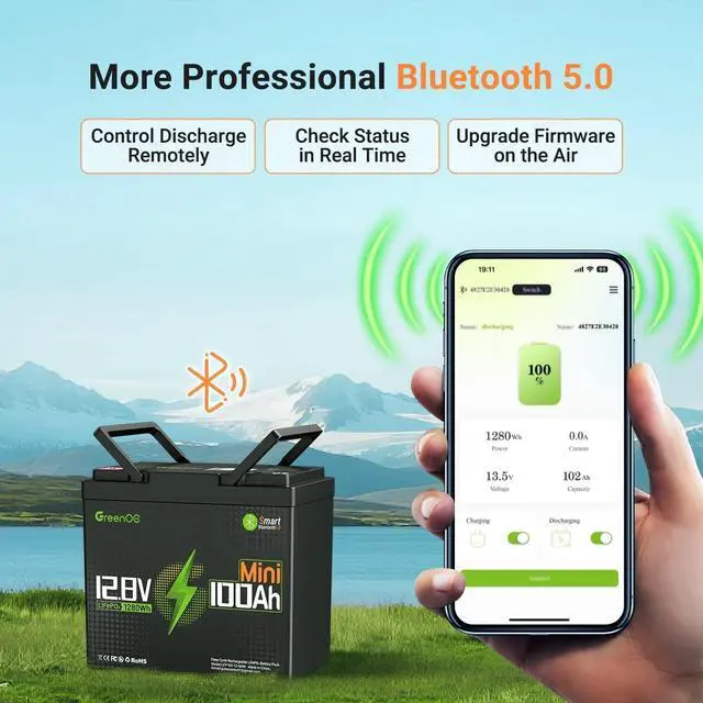 Alt view image 2 of 7 - GreenOE 12V 100Ah Bluetooth Mini LiFePO4 Battery 15000 Deep Cycles For Solar Rv