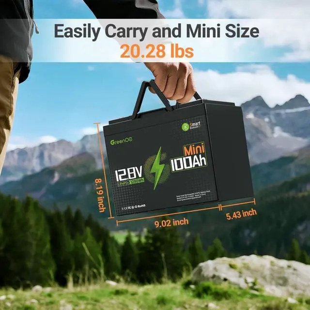 Alt view image 3 of 7 - GreenOE 12V 100Ah Bluetooth Mini LiFePO4 Battery 15000 Deep Cycles For Solar Rv