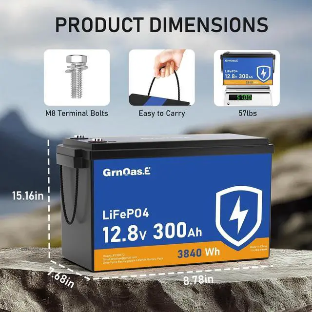 Alt view image 2 of 7 - GrnOas.E 12V 300Ah LiFePO4 Lithium Battery With Built-in 150A BMS For RV Home