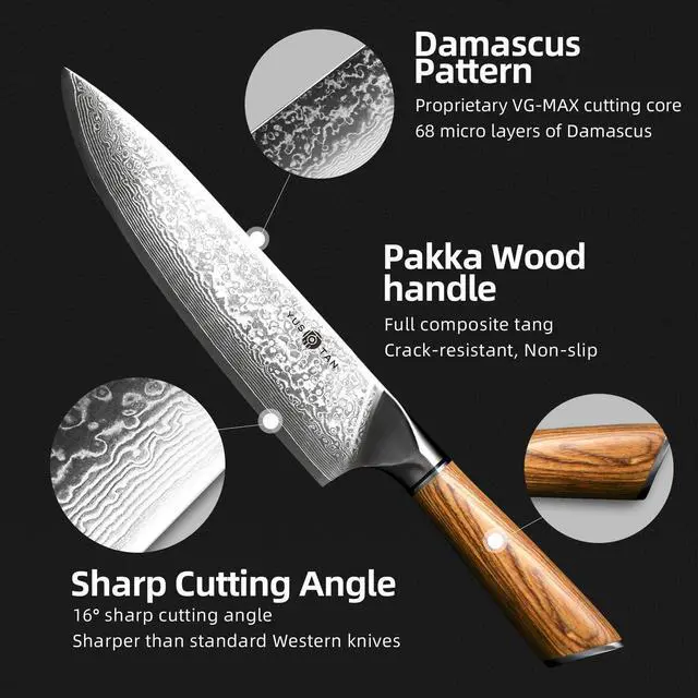 Alt view image 3 of 7 - YUSOTAN Damascus Japanese Chef Knife 8 inch Cooking Knife Super Sharp Damascus kitchen Knife High Carbon Stainless Steel Meat Knife and BBQ Knife with Ergonomic Solid Wood HandleGift Box