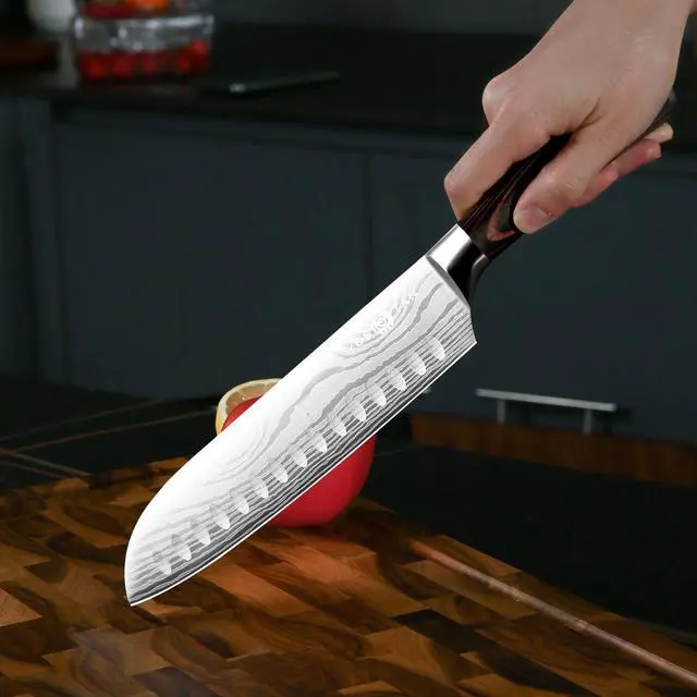 Alt view image 5 of 6 - YUSOTAN Japanese Santoku Knife, Professional 7 Inch Chef knife, Vegetable Knife, Japanese High Carbon Stainless Steel Super Sharp Kitchen Knife and Ergonomic Solid Wood Handle with Gift Box