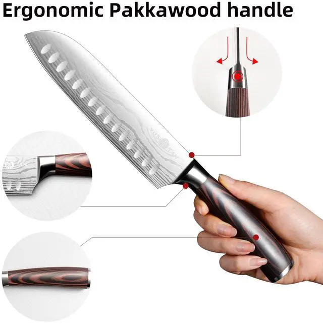 Alt view image 3 of 6 - YUSOTAN Japanese Santoku Knife, Professional 7 Inch Chef knife, Vegetable Knife, Japanese High Carbon Stainless Steel Super Sharp Kitchen Knife and Ergonomic Solid Wood Handle with Gift Box