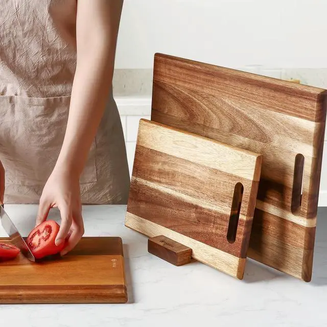 Alt view image 3 of 7 - YUSOTAN 3-piece Acacia Wood Cutting Board Set for Kitchen, Large Wooden Cutting Board Set with Handle, Thick  Chopping Board, Butcher Block Wooden Trays for Meat, Fruit Vegetable and Cheese