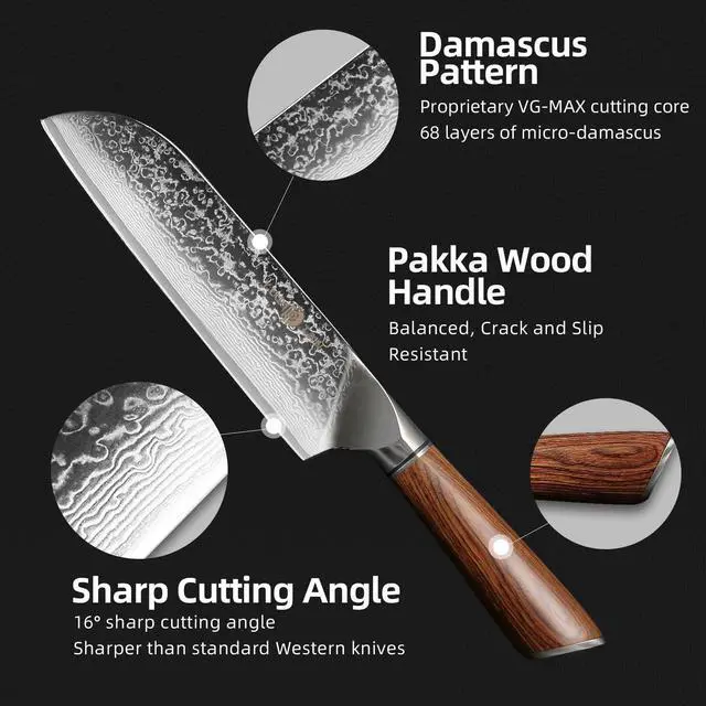 Alt view image 3 of 6 - YUSOTAN Damascus Japanese Santoku Knife 7inch Damascus kitchen knife Chef knofe High Carbon Stainless Steel Super Sharp Meat Cutting Knife BBQ Knife with Ergonomic Solid Wood HandleGift Box