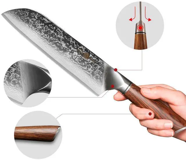 Alt view image 4 of 6 - YUSOTAN Damascus Japanese Santoku Knife 7inch Damascus kitchen knife Chef knofe High Carbon Stainless Steel Super Sharp Meat Cutting Knife BBQ Knife with Ergonomic Solid Wood HandleGift Box