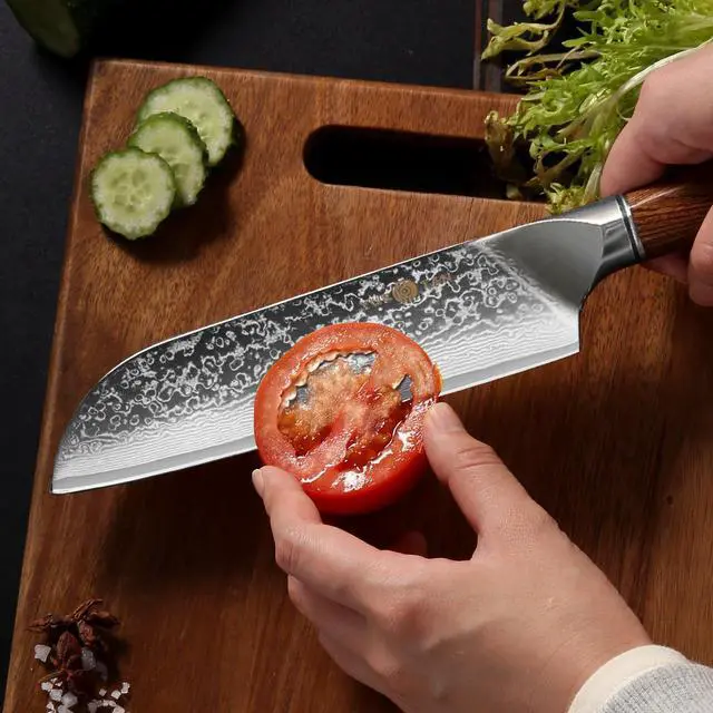 Alt view image 5 of 6 - YUSOTAN Damascus Japanese Santoku Knife 7inch Damascus kitchen knife Chef knofe High Carbon Stainless Steel Super Sharp Meat Cutting Knife BBQ Knife with Ergonomic Solid Wood HandleGift Box