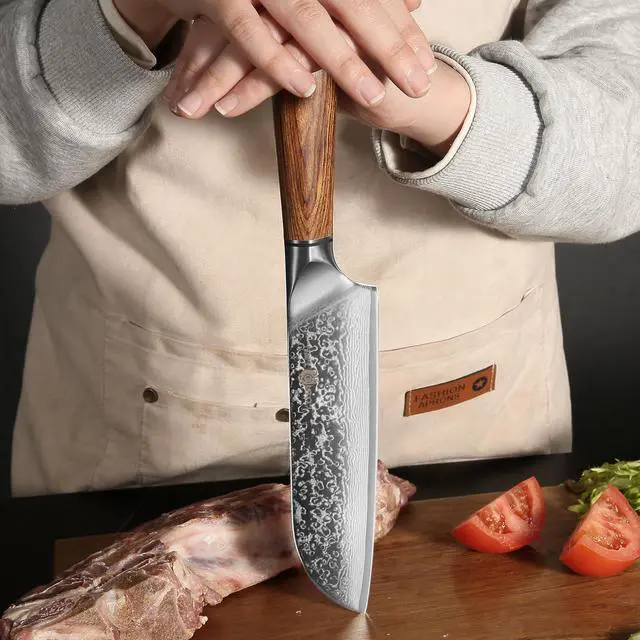 Alt view image 6 of 6 - YUSOTAN Damascus Japanese Santoku Knife 7inch Damascus kitchen knife Chef knofe High Carbon Stainless Steel Super Sharp Meat Cutting Knife BBQ Knife with Ergonomic Solid Wood HandleGift Box