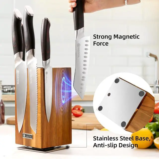 Alt view image 4 of 6 - YUSOTAN 5-Piece Knife Set with 360° Rotatable Magnetic Knife Holder, Kitchen Knife Set - Wooden Magnetic Knife Holder Suitable for Thanksgivin Father's Day Gift Giving Holiday Gift Giving