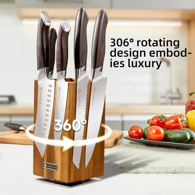 Alt view image 5 of 6 - YUSOTAN 5-Piece Knife Set with 360° Rotatable Magnetic Knife Holder, Kitchen Knife Set - Wooden Magnetic Knife Holder Suitable for Thanksgivin Father's Day Gift Giving Holiday Gift Giving