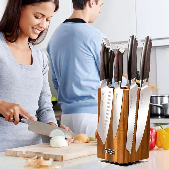 Alt view image 6 of 6 - YUSOTAN 5-Piece Knife Set with 360° Rotatable Magnetic Knife Holder, Kitchen Knife Set - Wooden Magnetic Knife Holder Suitable for Thanksgivin Father's Day Gift Giving Holiday Gift Giving