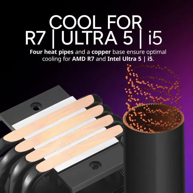 Alt view image 3 of 8 - Cooler Master Hyper 411 Nano CPU Air Cooler, SickleFlow 92 PWM Fan, 4 Copper Heat Pipes, 136mm Tall, Sleek Top Cover, AMD Ryzen AM5|AM4, Intel LGA 1851|1700 Brackets