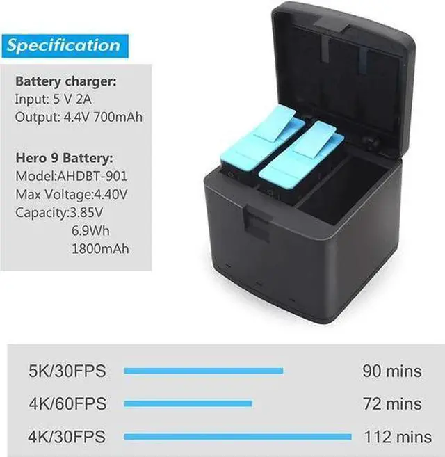Alt view image 2 of 6 - 3-Channel Battery Charger & 2 Pack Battery For GoPro Hero 9 10 Black ADDBD-001