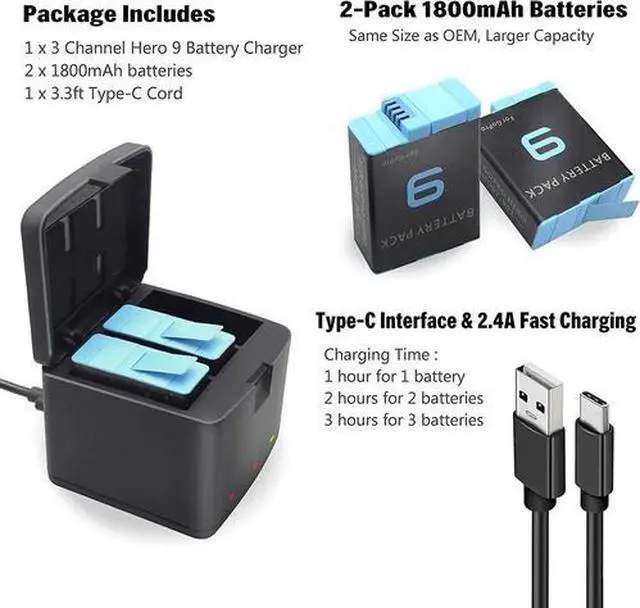 Alt view image 6 of 6 - 3-Channel Battery Charger & 2 Pack Battery For GoPro Hero 9 10 Black ADDBD-001