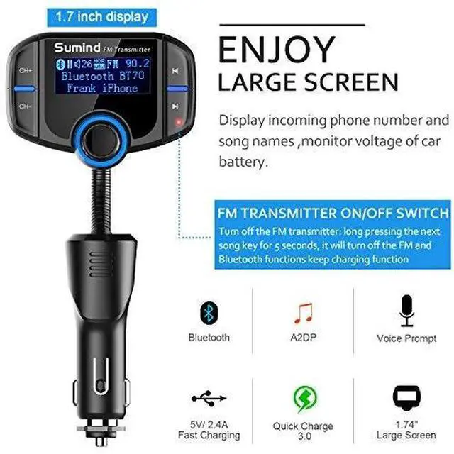 Alt view image 3 of 7 - Upgraded Version Bluetooth FM Transmitter, Sumind Wireless Radio Adapter Car Kit