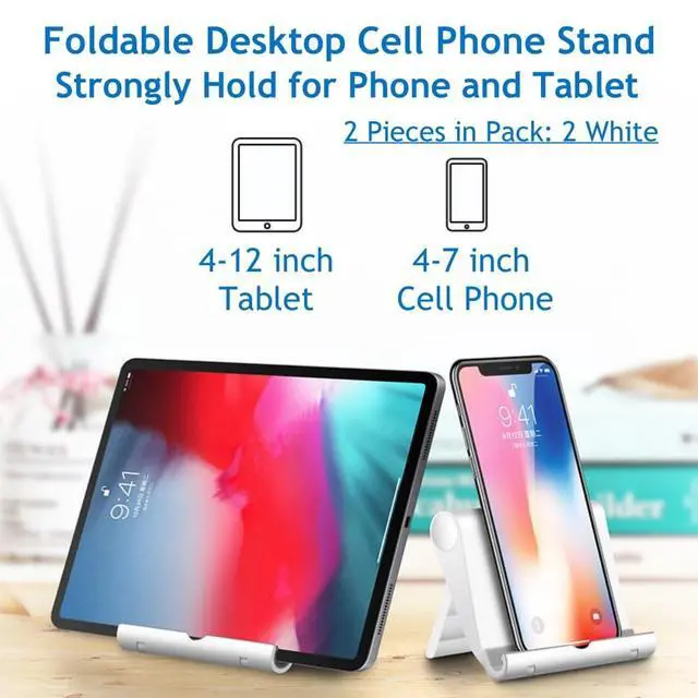 Alt view image 2 of 7 - Cell Phone Stand for Desk 2 Pack Mobile Phone Holders Desktop Tablet Stand, Foldable Phone Dock Universal Adjustable Tablet Stand for Desk Compatible with Cell Phone Support (White 2 PCS)