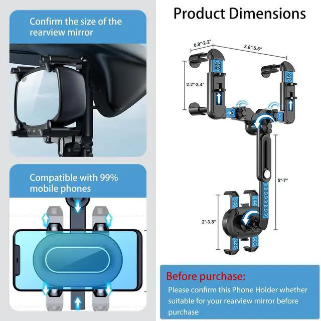 Alt view image 4 of 7 - Rearview Mirror Phone Holder for Car, 360° Rotating and Retractable Multifunctional Rear View Phone Mount, Upgraded Four Corners Fixed Anti-Shake Fit All Smartphones & Bigger Vehicle
