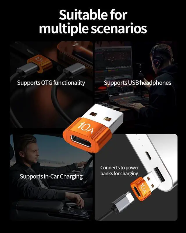 Alt view image 6 of 7 - USB to USB C Adapter 4 Pack,10A 200W Fast Charging USB2.0 480Mbps Data Transfer,USB C Female to A Male Charger Converter for Ma-cBook Pad Phone 17/16/15 G-alaxy Xpe-ria Smartphone Laptop Tablet Orange