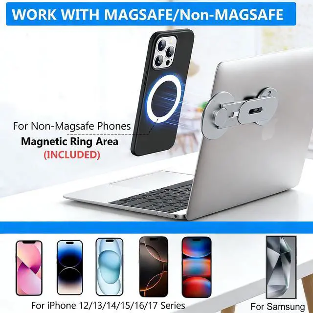 Alt view image 7 of 7 - Magnetic Phone Holder for Laptop, MagSafe Laptop Phone Mount for iPhone 17/16/15/14/13/12 & All Phones, 180°Adjustable Magnetic Phone Holder for Tesla Monitor (Gray)